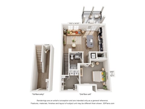 Floor plan for 1 bed, 1 bath, 947 sqft